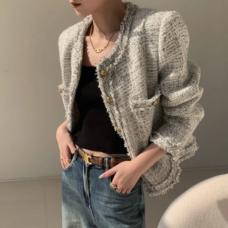 Top Trends: Women Vintage Elegant Luxury Design Tweed Single Breasted Jacket Autumn Winter Female Trendy O Neck Long Sleeve Loose Chic Coats Shoppable Styles - Image 4