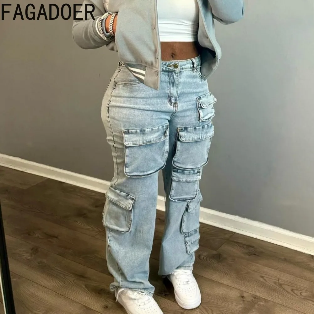 Top Trends: FAGADOER Vintage Blue Fashion Pocket Straight Denim Pants Women High Waisted Button Jean Trousers Casual Elastic Cowboy Bottoms Shoppable Styles