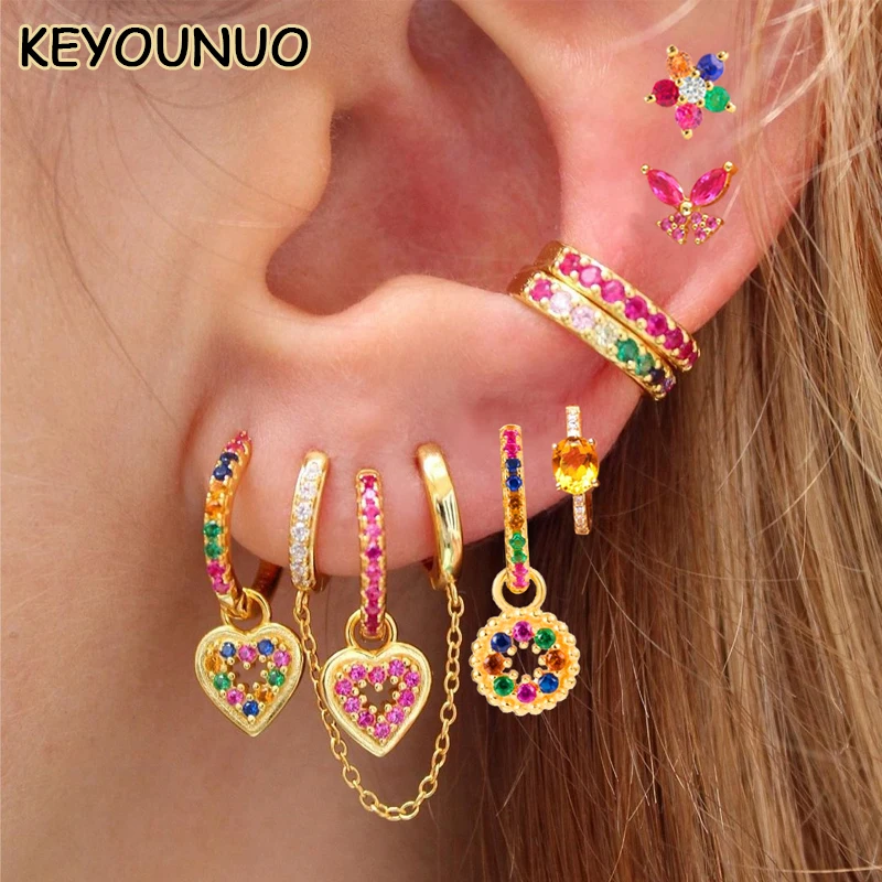 Top Trends: KEYOUNUO Gold Filled Dangle Hoop Earrings Set For Women Ear Cuffs Colorful Zircon Stud Earrings Fashion Party Jewelry Wholesale Shoppable Styles