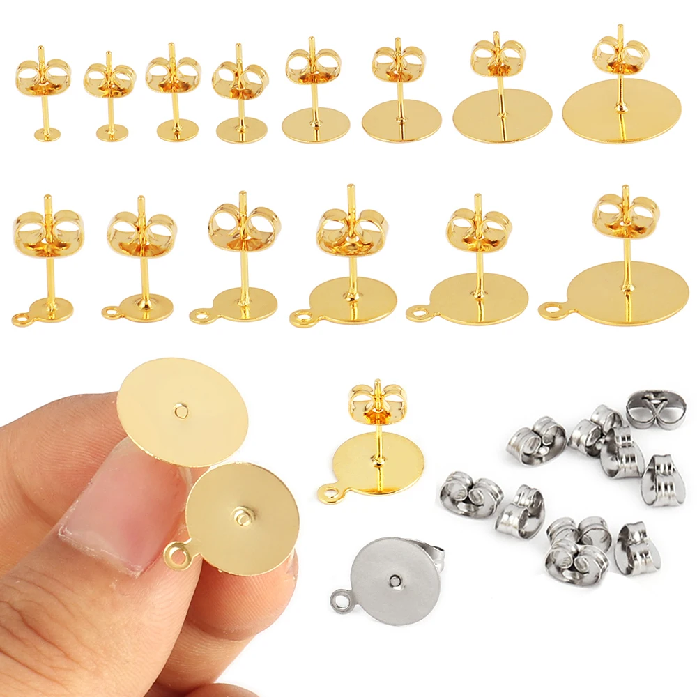 Top Trends: 50-100pcs Gold Stainless Steel Blank Post Earrings Studs Base Pins With Earring Plug Findings Ear Back For DIY Jewelry Making Shoppable Styles