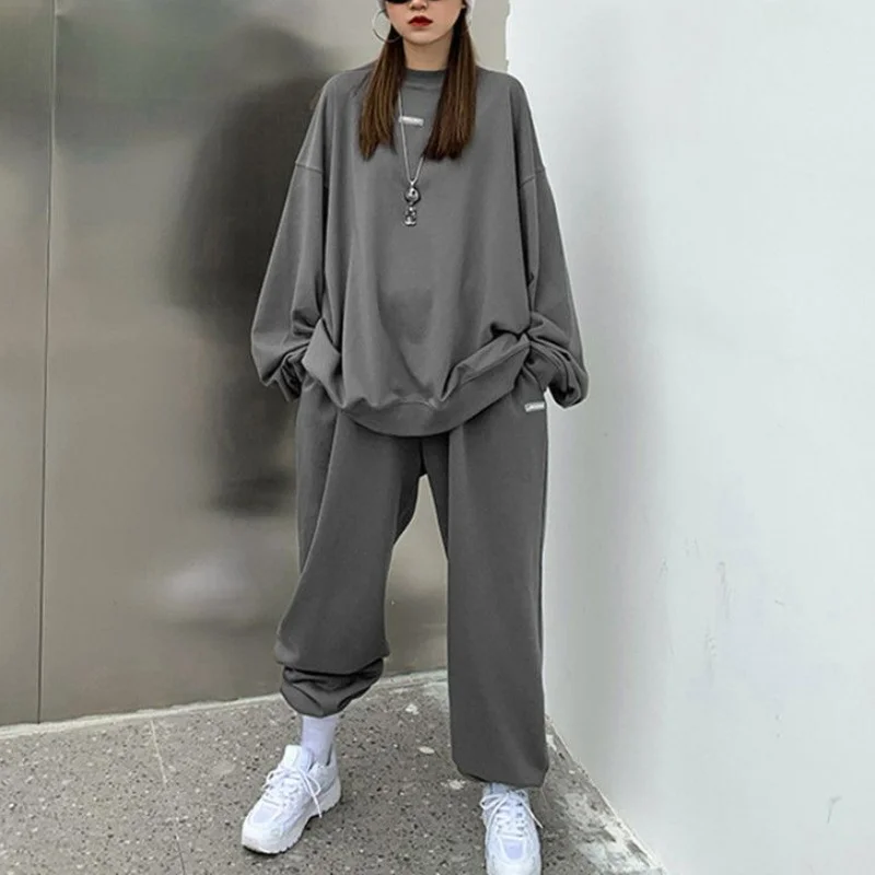 Top Trends: Two Piece Oversized Women Solid Sports Pant Sets Spring Autumn Tracksuit New Street Fashion Casual Long Sleeve Grey Hoodies Suit Shoppable Styles