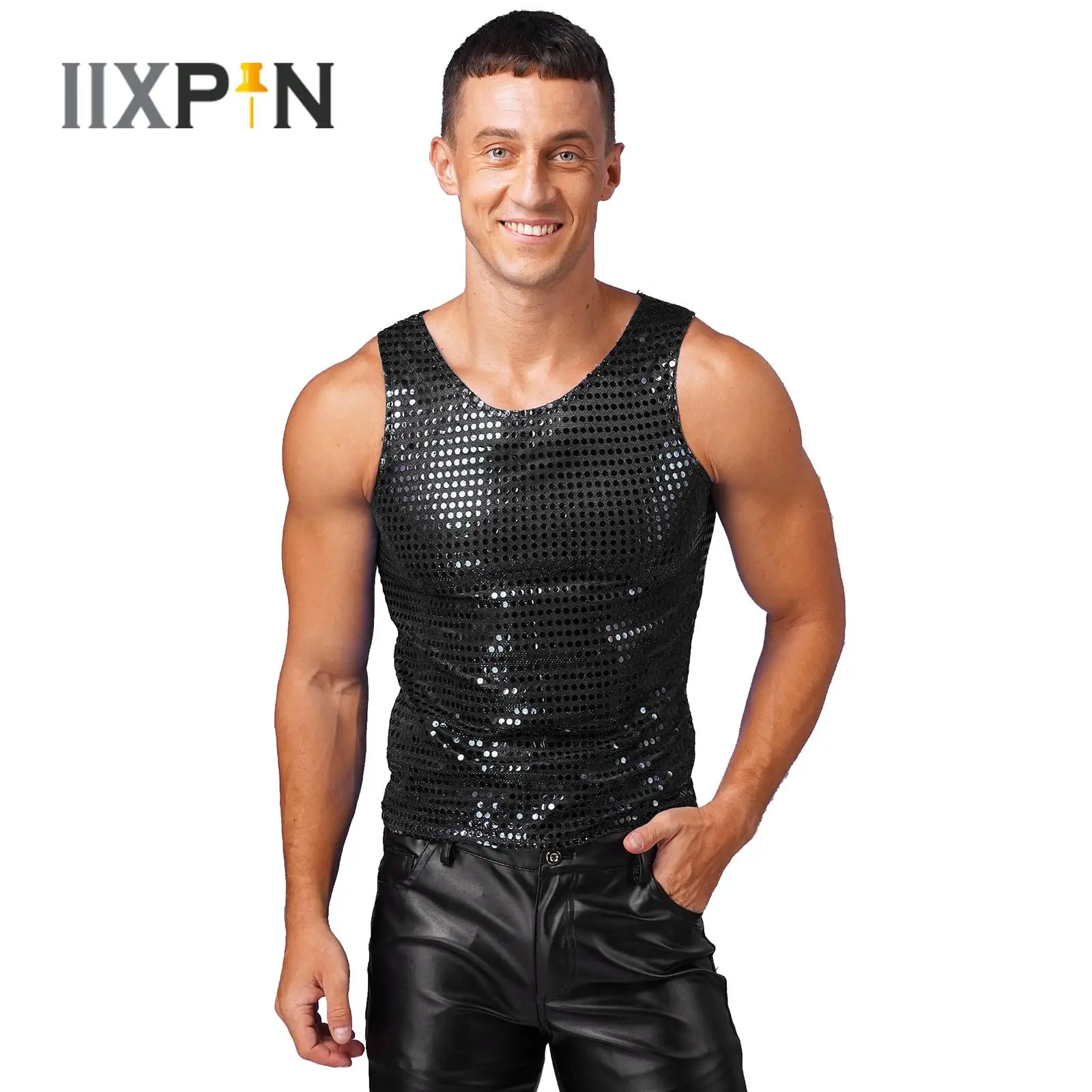 Top Trends: 2023 New Mens T-shirts Shiny Sequins Sleeveless Loose Tank Tops Fashion Christmas Performance Clothing Nightclub Party Waistcoat Shoppable Styles