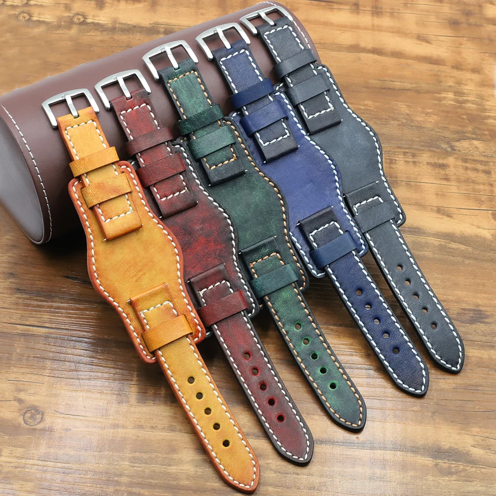 Top Trends: Leather Bund Strap Men&#039;s Watch Band 20mm 22mm 24mm Leather Cuff Watch Bracelet Yellow Blue Black Green Red Color Watch Strap Shoppable Styles