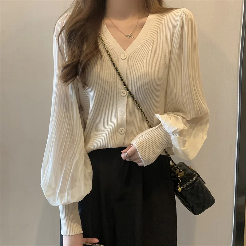 Top Trends: Women Fashion V-neck Slim Single-breasted Chic Pleated Lantern Sleeve Sweater Jacket Cropped Cardigan White Cardigan Tops Shoppable Styles