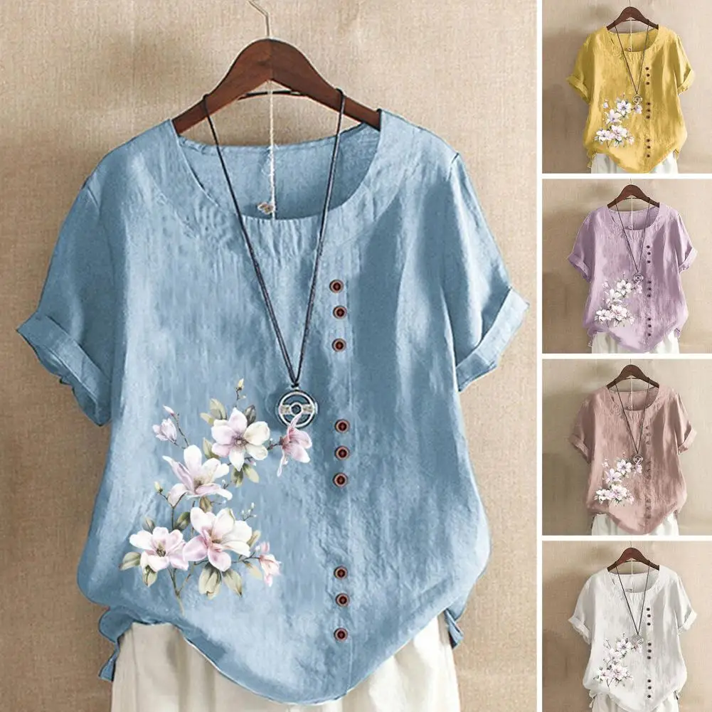 Top Trends: Elegant Daisy-Print Cotton Linen Shirt Casual Summer Women O-Neck Short Sleeve Yellow Pullover Top Fashion Street Flower Blous Shoppable Styles