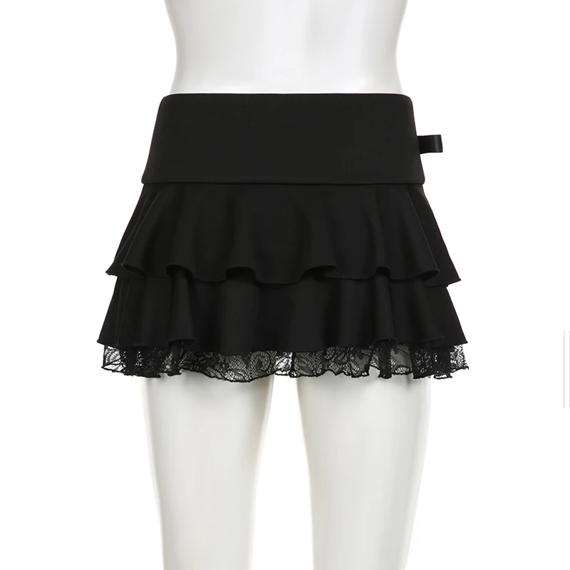 Top Trends: IAMHOTTY Dark Academia Lace A-line Mini Skirt Black Low Waisted Bow Stitching Short Skirts Y2K Gothic Cute Bottoms Streetwear Shoppable Styles - Image 6