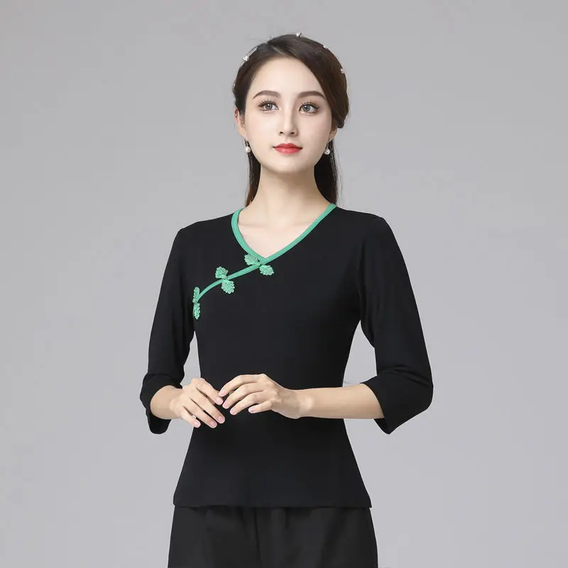 Top Trends: Cheongsam Women&#039;s Plus Size Tops 2024 Summer Fashion Cotton Blend Fabric Splicing V-Neck Half Sleeve Chinese Style Qipao Shirts Shoppable Styles