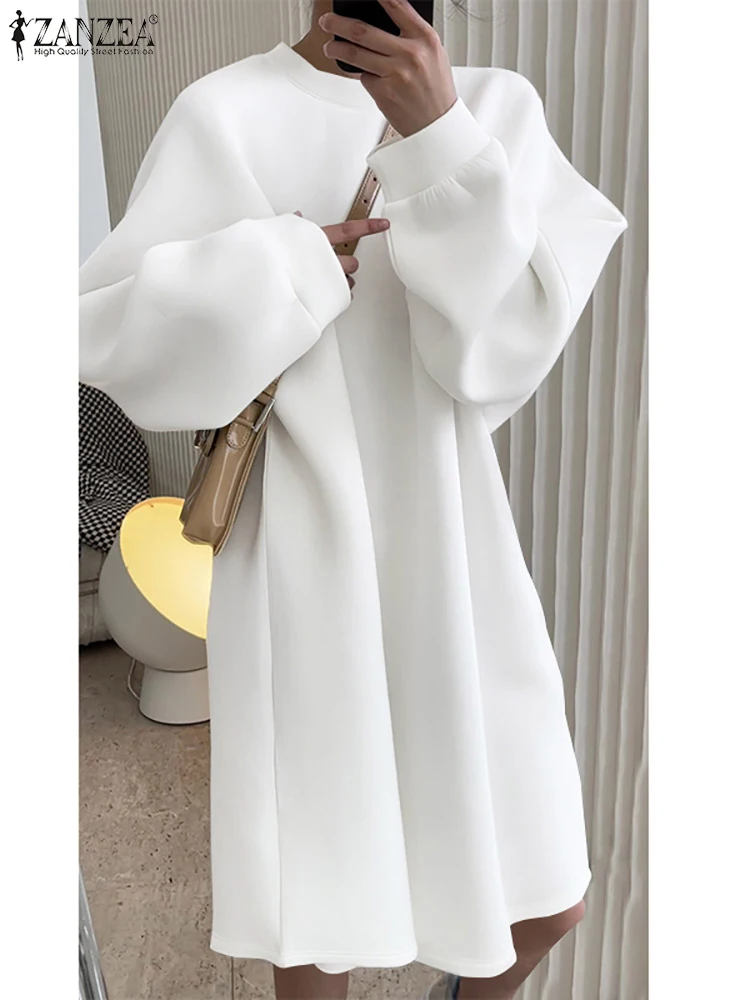 Top Trends: ZANZEA Women Crew Neck Knee-length Dress Korean Fashion Sweatshirt Dress Long Puff Sleeve Vestidos Casual BF Style Pullover Robe Shoppable Styles