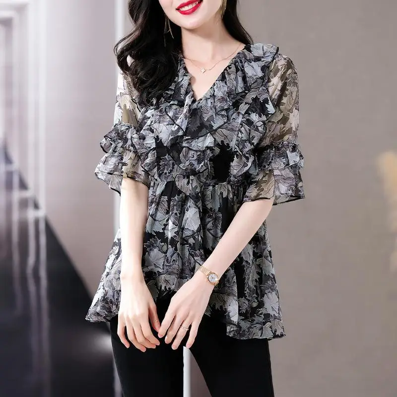 Top Trends: Vintage Printed Ruffles Floral Butterfly Sleeve Chiffon Blouse Women Clothing Summer New Oversized Casual Tops Commuter Shirt Shoppable Styles