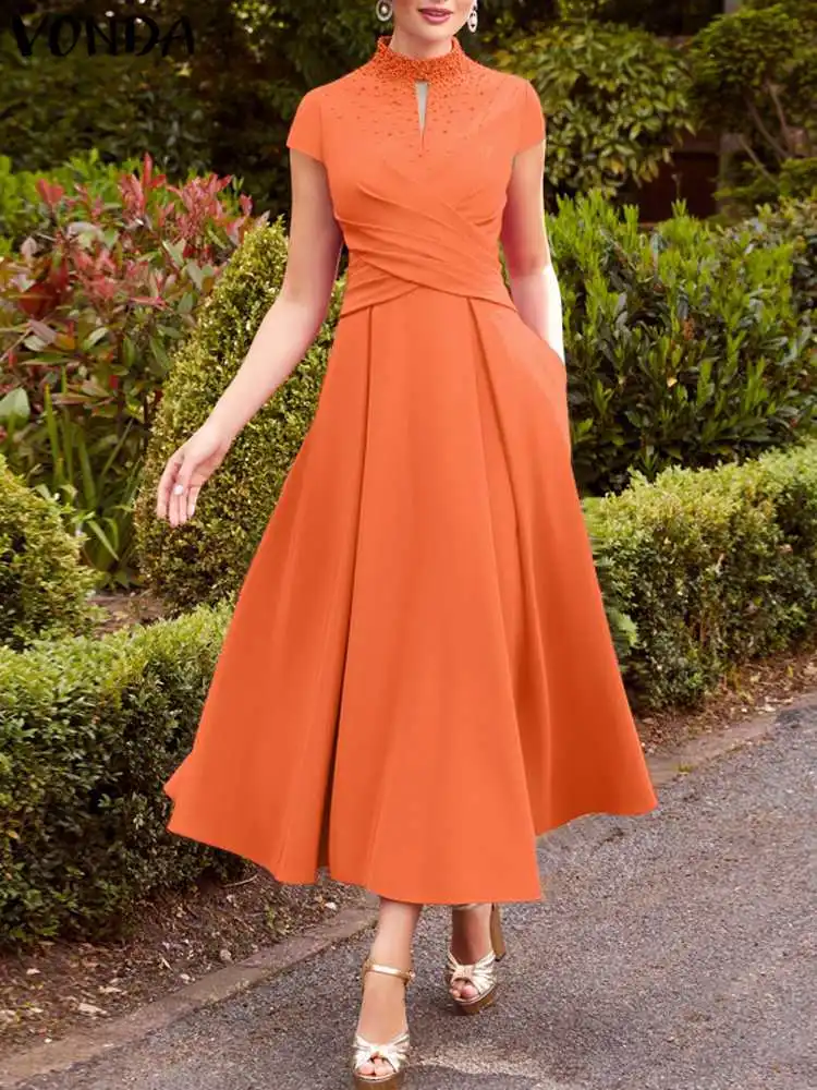 Top Trends: Women Dress 2023 VONDA Elegant Short Sleeve Office Lady Midi Dress Casual Solid Color Turtleneck Sundress Fashion Sexy Vestido Shoppable Styles - Image 2