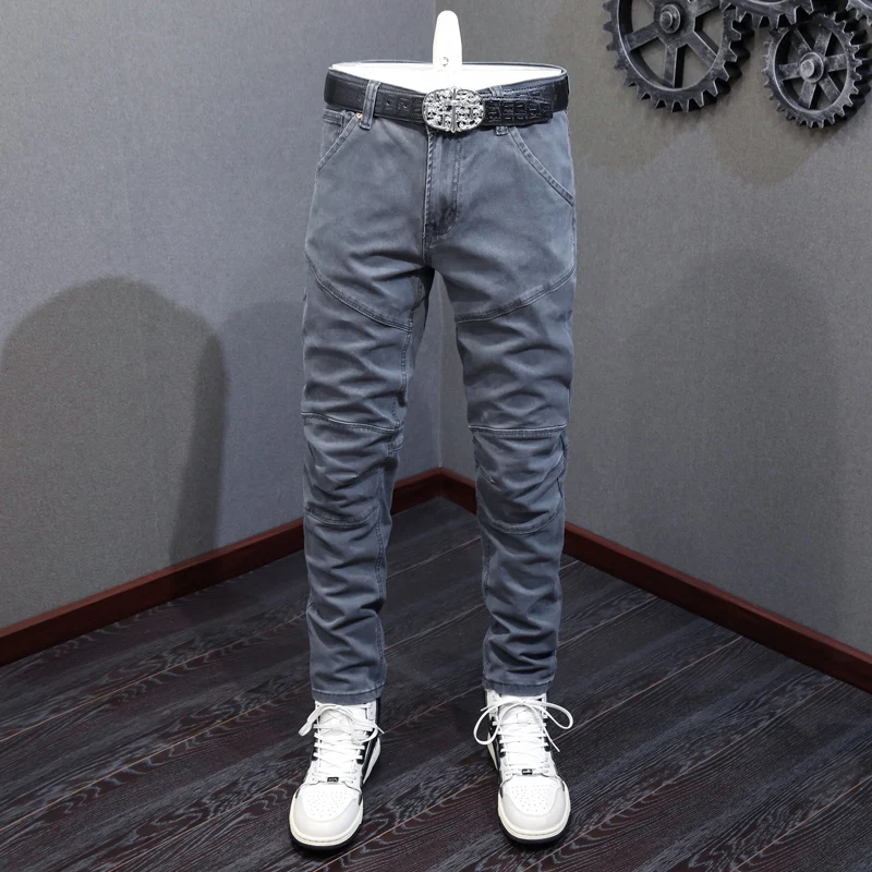 Top Trends: Fashion Streetwear Men Jeans Gray Color Elastic Stretch Slim Fit Spliced Designer Biker Jeans Men Patched Hip Hop Pants Hombre Shoppable Styles