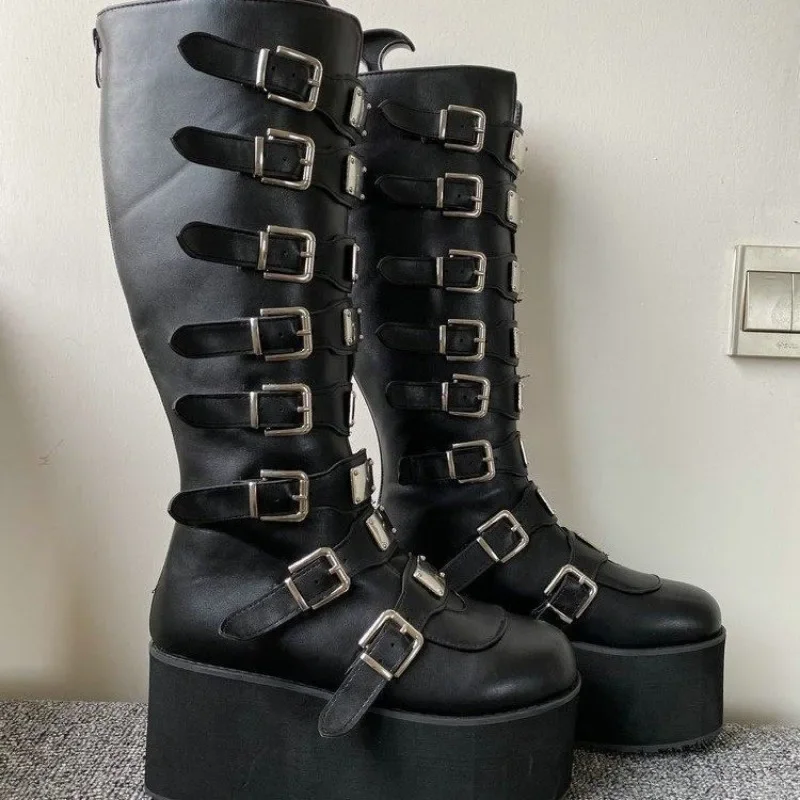 Top Trends: Punk Women Boots Cosplay Ladies High Heel Platform Wedges Women High Boots Gothic Buckle Strap Long Tube Leather Female Boots Shoppable Styles - Image 6