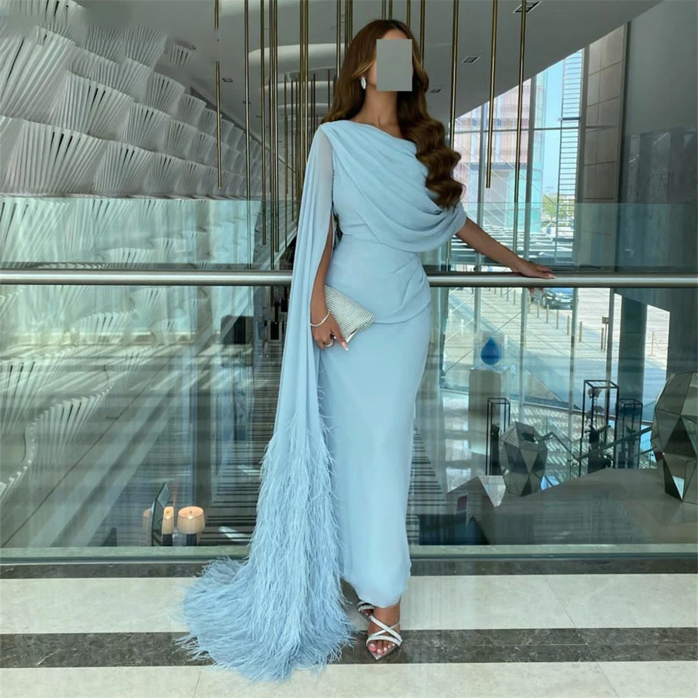 Top Trends: Lily Long Light Blue Pleated Evening Dress Chiffon فساتين Mermaid Floor Length فساتين Formal Party Dress With Feathers For Women Shoppable Styles