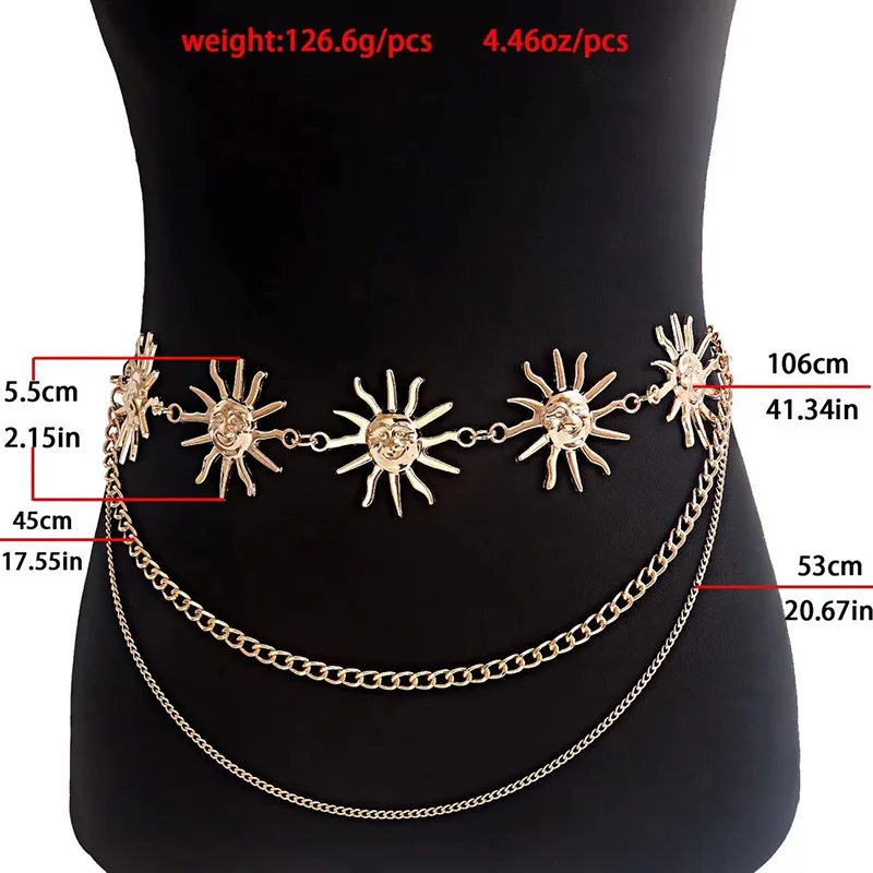 Top Trends: Women Fashion Metal Chain Belt Gold Silver Narrow Chunky Fringes Sun Pendant Hip High Waist Chain Female Dress Jeans Waistband Shoppable Styles - Image 2