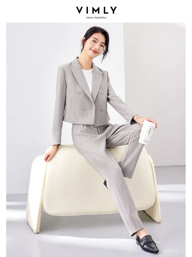 Top Trends: Vimly Elegant Striped Autumn Outfits Women's Blazer Pant Suits 2023 Fashion Two Piece Sets Crop Jacket Ankle Length Pants M2989 Shoppable Styles