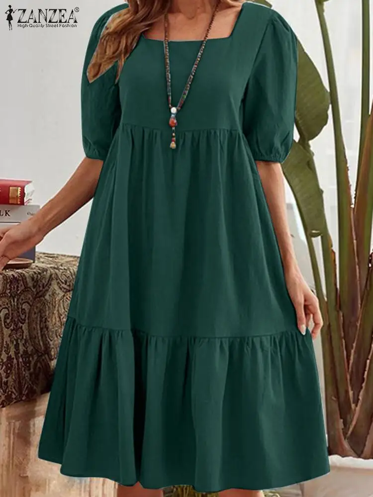 Top Trends: ZANZEA Bohemian Solid Color Dress Square Collar Half Sleeve Midi Vestido Summer Women Elegant Casual Fashion Holiday Sundress Shoppable Styles