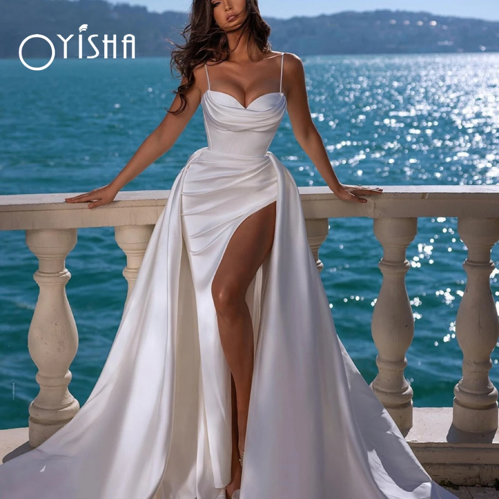 Top Trends: OYISHA Sexy Sweetheart Wedding Dresses For Women 2023 Spaghetti Straps Side High Slit Satin Pleated White Bridal Gown With Train Shoppable Styles