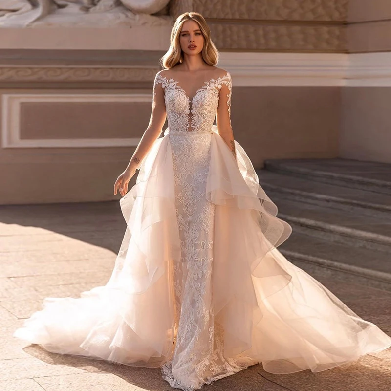 Top Trends: PERFECT Wedding Dresses Long Sleeves Lace Applique Mermaid O-Neck Detachable Train Illusion Back Bridal Gowns Vestidos De Novia Shoppable Styles