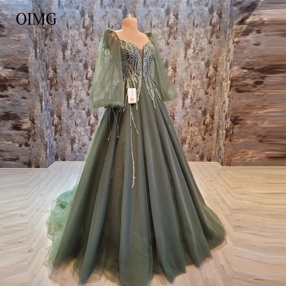 Top Trends: OIMG Army Green Lace And Tulle Dubai Arabic Women Evening Dresses Puff Long Sleeves Sweetheart Formal Prom Gowns Robe De Soiree Shoppable Styles