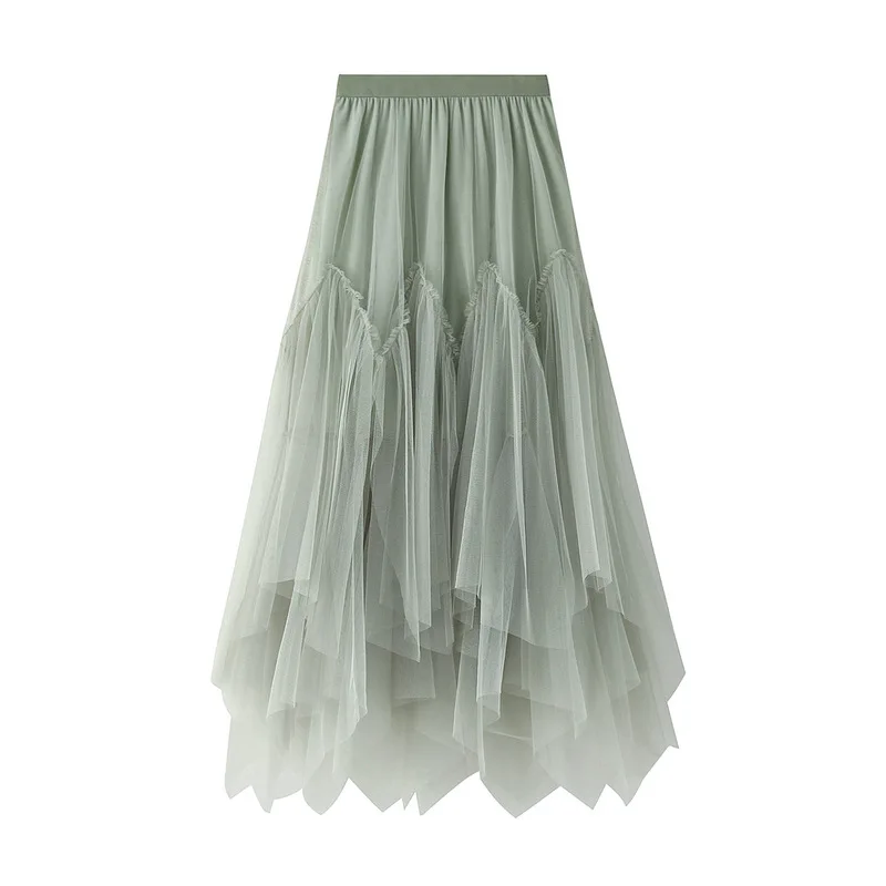 Top Trends: Women Irregular Long Tulle Skirts Ladies High Waist Ankle-Length Tutu Maxi Skirts Beige Green Female Faldas Jupe Femme Shoppable Styles