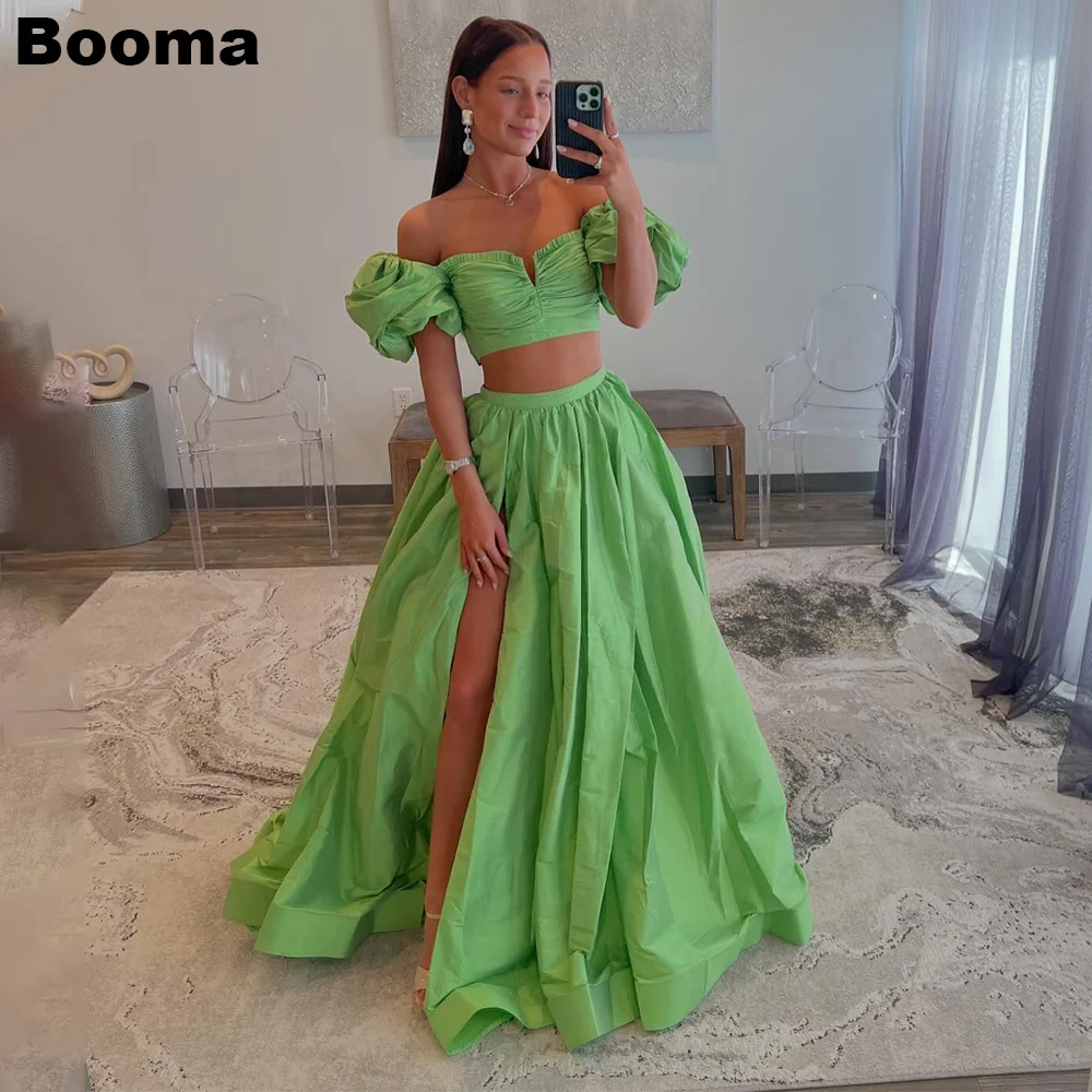 Top Trends: Booma Green Taffeta Prom Dresses 2Pieces Short Puff Sleeves Graduation Party Dress High Side Slit Birthday Gowns For Women Shoppable Styles