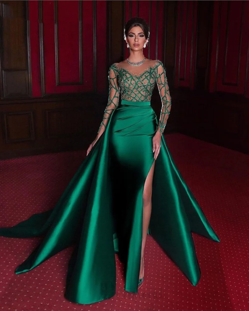 Top Trends: 2023 Emerald Green Formal Dress Full Long Sleeves Satin Sexy Slit Beads Party Prom Gowns Elegant Mermaid Evening Dresses Shoppable Styles