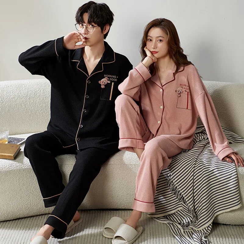 Top Trends: Couple Pajamas Men And Women Cotton Sleepwear Turn-down Collars Long Sleeve Pants Pyjama Sets Solid Autumn Winter Nightwear Suit Shoppable Styles