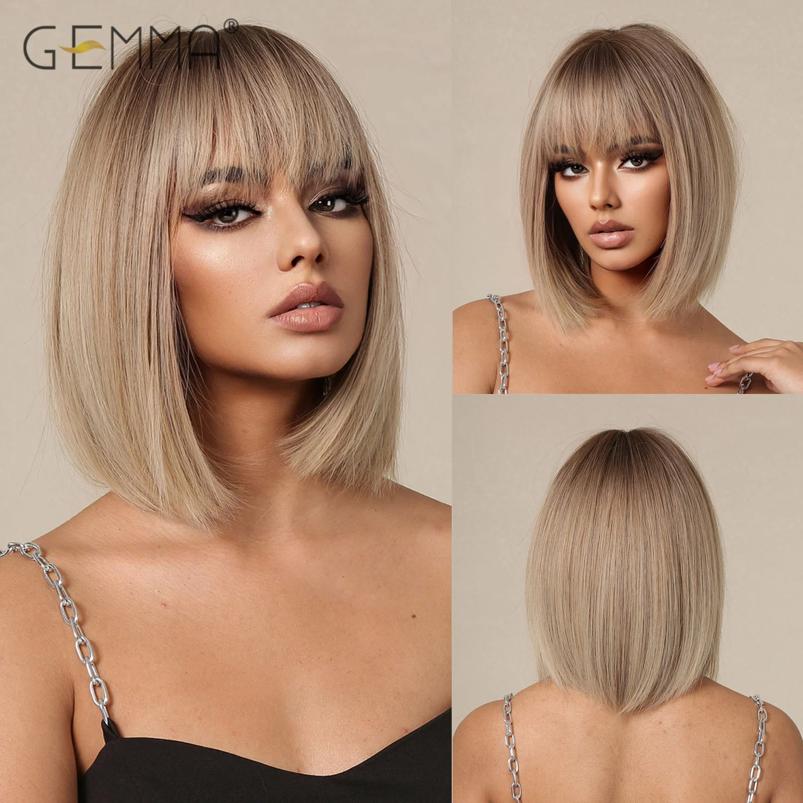 Top Trends: GEMMA Synthetic Straight Wig Short Light Brown Ombre Bob Wigs With Bangs For Black Women Heat Resistant Cosplay Daily Use Hair Shoppable Styles