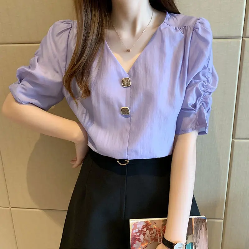 Top Trends: Fashion Puff Sleeve V-Neck Button Short Sleeve Chiffon Blouse Loose Elegant Summer Commute Women&#039;s Clothing Casual Female Shirt Shoppable Styles