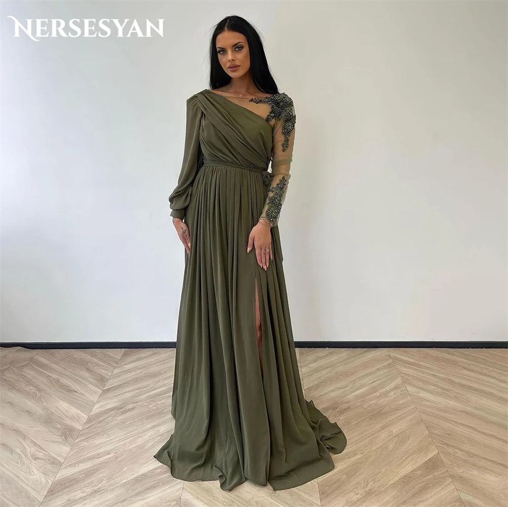 Top Trends: Nersesyan Olive Green Lace Formal Evening Dresses Pleats Glitter Beadings Sleeves Prom Dress Side Slit For Wedding Party Gowns Shoppable Styles