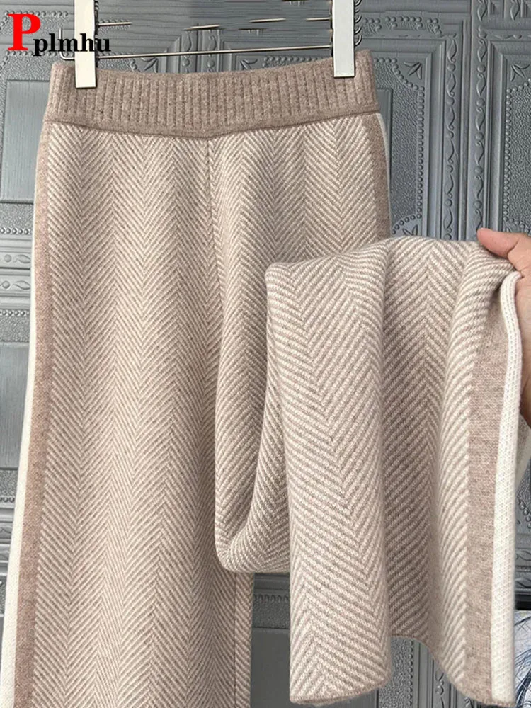 Top Trends: Autumn Winter Knitted Wide Leg Pants Womens Warm Thicken Striped Straight Pantalones Korean Knit High Waist Oversize 4xl Trouser Shoppable Styles