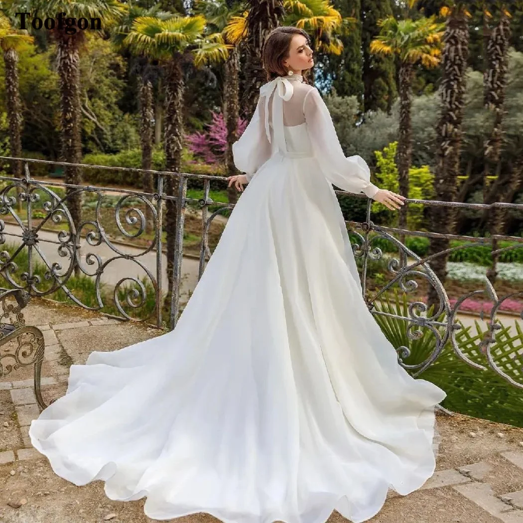 Top Trends: Toofgon Long Sleeves Organza Wedding Dresses High Neck A Line Wedding Gowns Sweep Train Long Women Formal Bride Party Dress 2023 Shoppable Styles