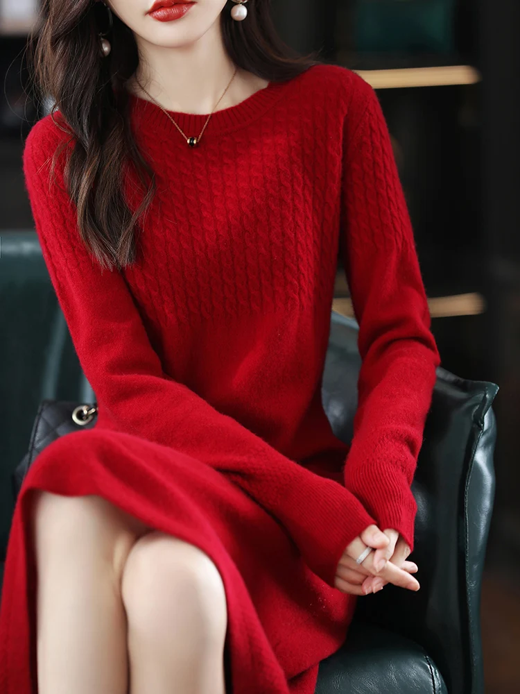 Top Trends: Round Neck Cashmere Dress Women&#039;s Long Pullover Sweater Autumn And Winter New Knitted Knee-Length Pure Wool Dress Shoppable Styles