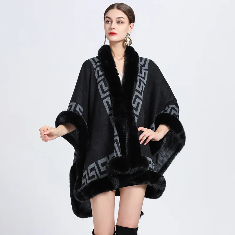 Top Trends: Women Rex Rabbit Faux Fur Shawl Lady Cashmere Feel Mantle Fall Winter Elegant Wrap Luxury Warm Overcoat Classic Vintage Cloak Shoppable Styles - Image 3