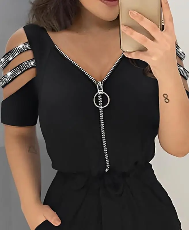 Top Trends: Summer Outfits For Women 2023 Fashion Zipper Design Cutout Cold Shoulder Short Sleeve Top & Casual High Waist Shorts Set Y2k New Shoppable Styles - Image 3