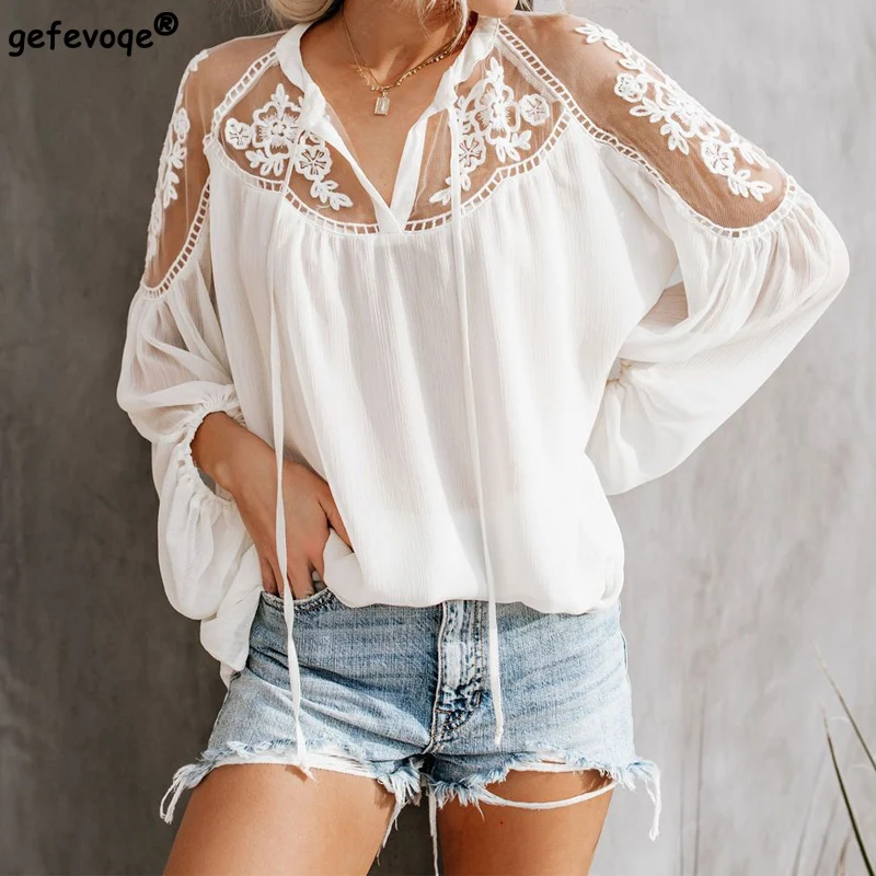 Top Trends: Summer Solid Color Chiffon Sexy Plus Size Shirts Loose V-neck Lace Hollow Out Embroidery Blouses Korean Fashion Women Clothing Shoppable Styles