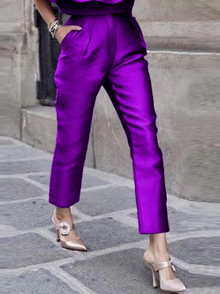 Top Trends: Women Pants High Elastic Waist Purple Summer Office Lady Work Casual Pencil Capris With Pockets Shiny Trousers For Woman 4XL Shoppable Styles