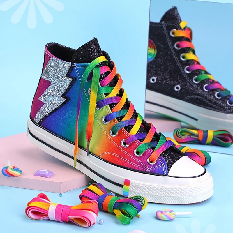 Top Trends: Gradient Print Flat Shoelaces Rainbow Colour Shoe Laces Suitable For All Casual Canvas Shoes Colorful Shoelace Unisex 1 Pair Shoppable Styles