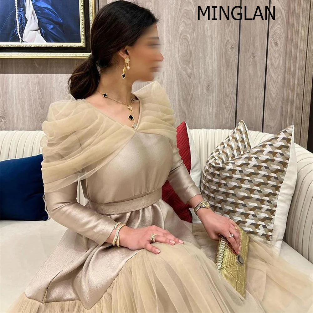 Top Trends: MINGLAN Fashion V Neck Lace Full Sleeve A Line Long Formal Prom Dress Tea Length Pleat Elegant Evening Gowns For Women New 2023 Shoppable Styles - Image 3