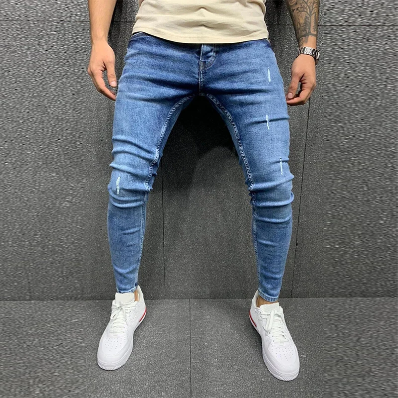 Top Trends: High Quality Stretch Men's Sexy Hole Biker Jeans Men's 2XL 3XL Blue Frayed Slim Fit Pencil Pants Ripped Skinny Jeans For Men Shoppable Styles