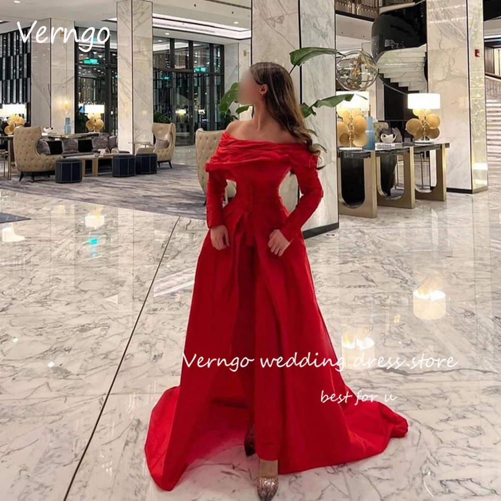 Top Trends: Verngo Red Off The Shoulder Evening Dresses Long Sleeves Saudi Arabic Lady Celebrity Dress Formal Party Prom Gowns 2023 Vestidos Shoppable Styles