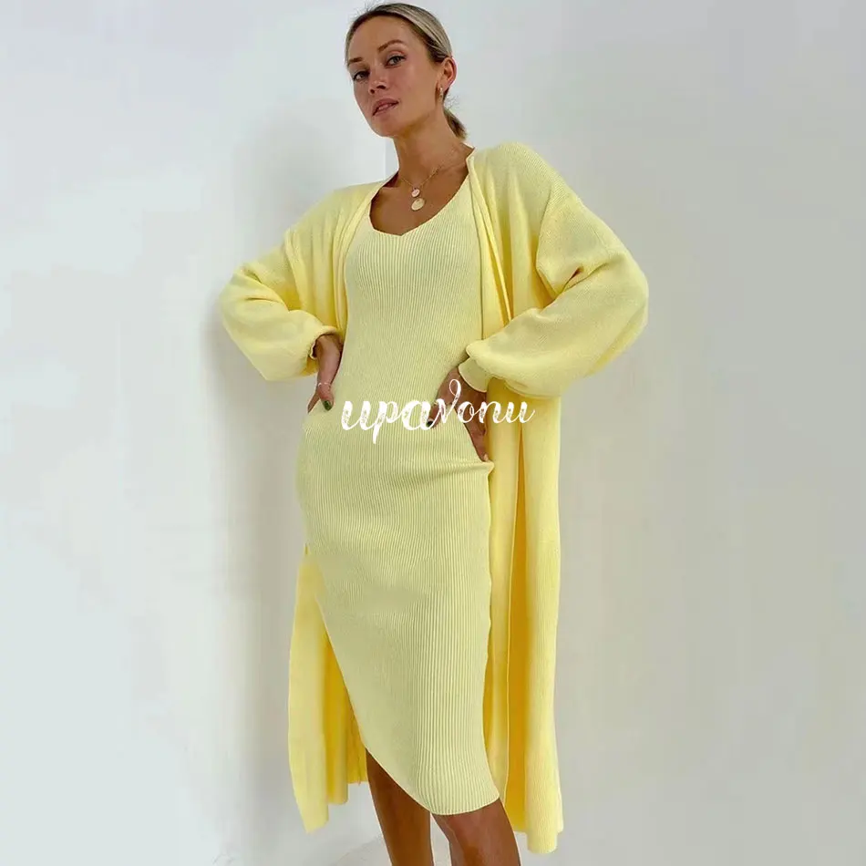 Top Trends: Casual Knit Sling Dress Set V-neck Long Sleeve Loose Long Cardigan Jacket &amp; Midi Dress Two-piece Set 2021 Autumn Shoppable Styles