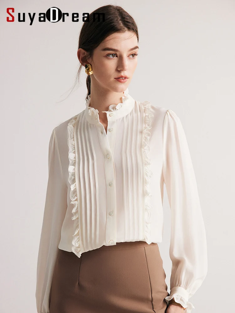 Top Trends: SuyaDream, Woman White Shirts, 100% Mulberry Silk, Stand Collar, Ruffles Chic Blouses, 2024 Spring Summer Office Lady Top Shoppable Styles