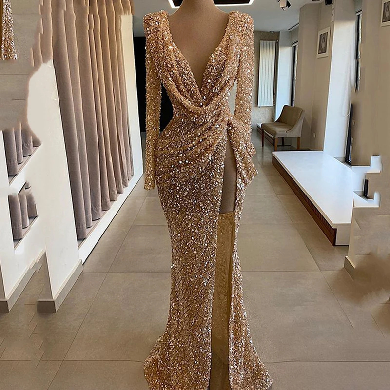 Top Trends: Champagne Women's Evening Dresses Sexy V Neck Mermaid Formal Party Sequins Fashion Celebrity Side Split Beach Prom Gowns 2023 Shoppable Styles