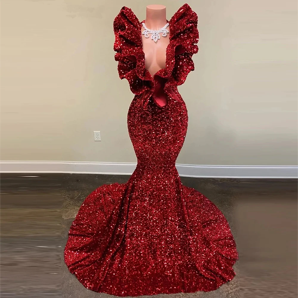 Top Trends: 2023 Wine Red Sequin Evening Dresses For Women Sexy Deep V-Neck Ruffle Sleeveless Mermaid Princess Prom Gowns Robe فستان سهرة De Shoppable Styles