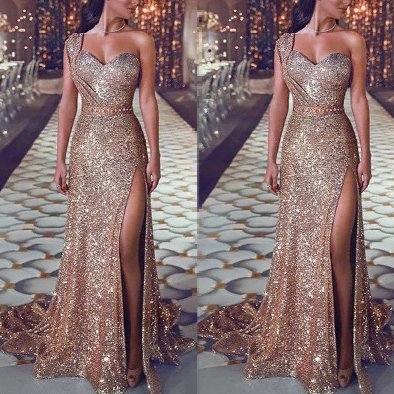 Top Trends: Wedding Party Dress Female Evening Elegant Sexy Deep V Neck One Shoulder Sleeveless Sequined Long Maxi Dresses For Women 2023 Shoppable Styles