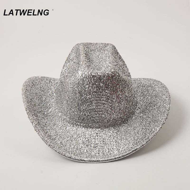 Top Trends: Fashion Sequins Bride Cowboy Hat For Women Men Sliver Space Fedoras Hats Solid Cowgirl Party Hats White Black Festival Hats Shoppable Styles