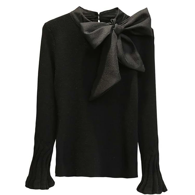 Top Trends: 2023 Autumn Women Sweaters Korean Style Knitted Ladies Pullovers Flare Sleeve Elegant Sweater Tees Belt Bow Tops Big Bow Collar Shoppable Styles