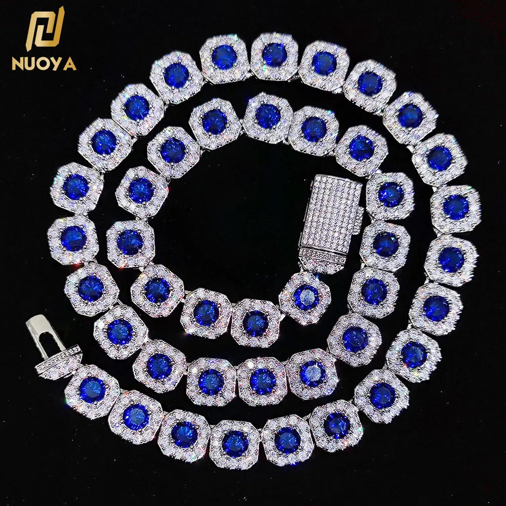 Top Trends: 12MM Silver Plated Iced Out Blue CZ Jumbo Square Sparkling Cluster Cubic Zirconia Tennis Link Chains For Men Shoppable Styles