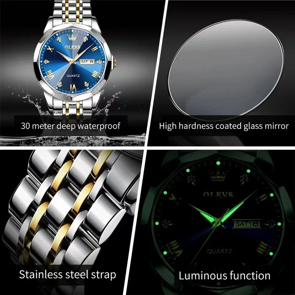 Top Trends: OLEVS Men's Watches Rhombus Mirror Original Quartz Watch For Man Waterproof Luminous Stainless Steel Wristwatch Male Date Week Shoppable Styles - Image 5